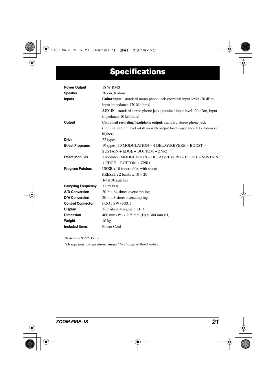 Specifications | Zoom FIRE-18 User Manual | Page 21 / 25