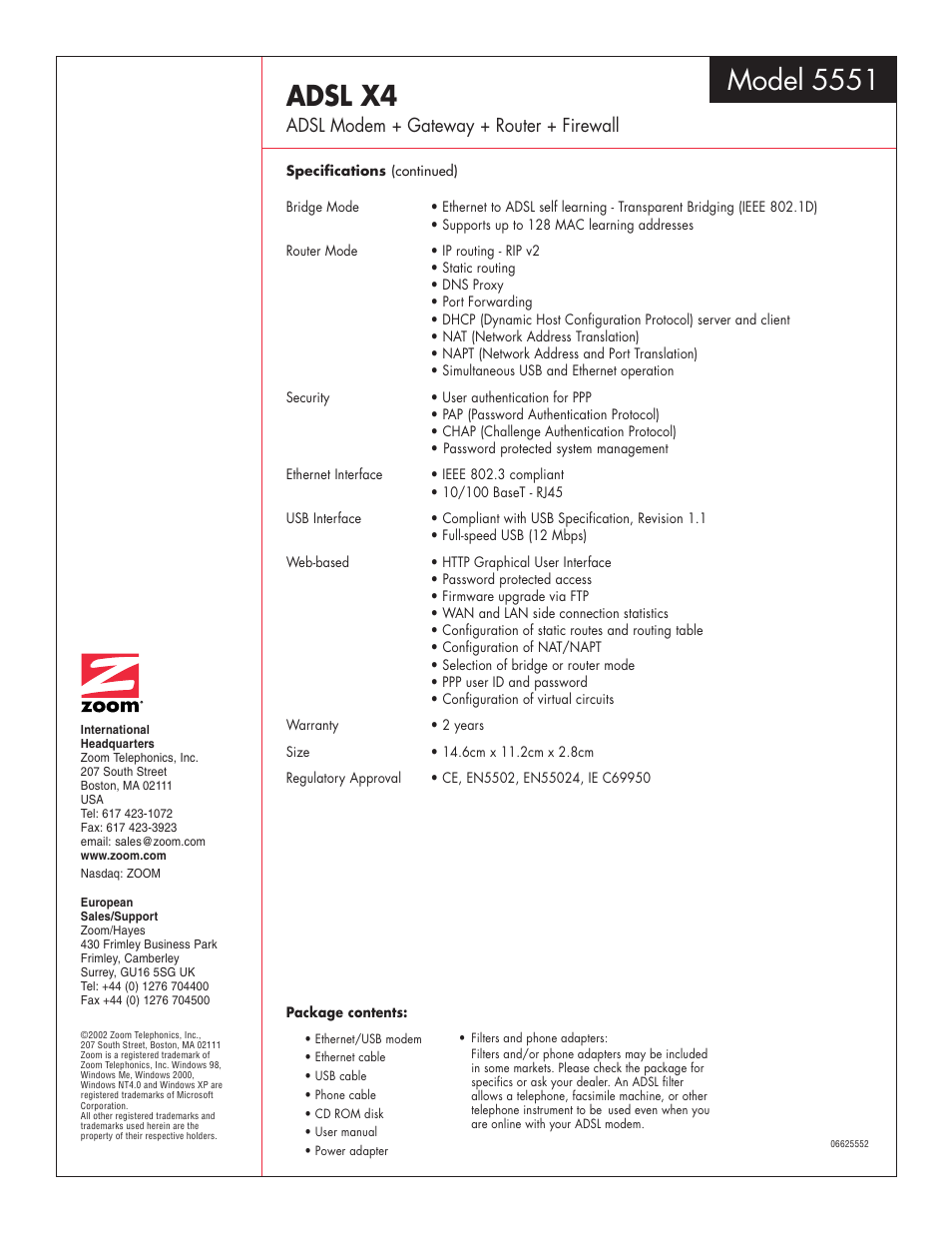 Adsl x4, Model 5551, Adsl modem + gateway + router + firewall | Zoom ADSL X4 5551 User Manual | Page 2 / 2