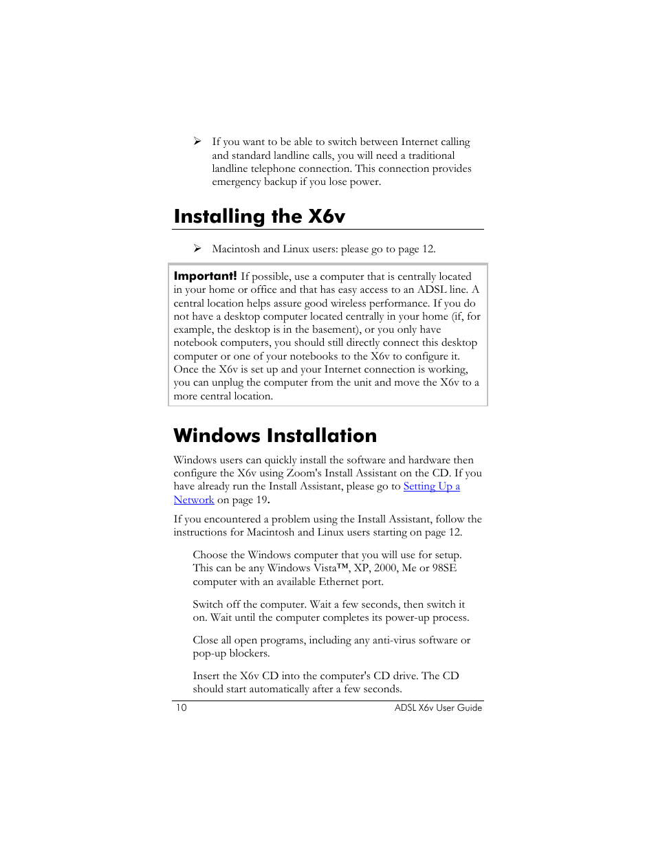 Installing the x6v, Windows installation | Zoom ADSL X6v User Manual | Page 10 / 166