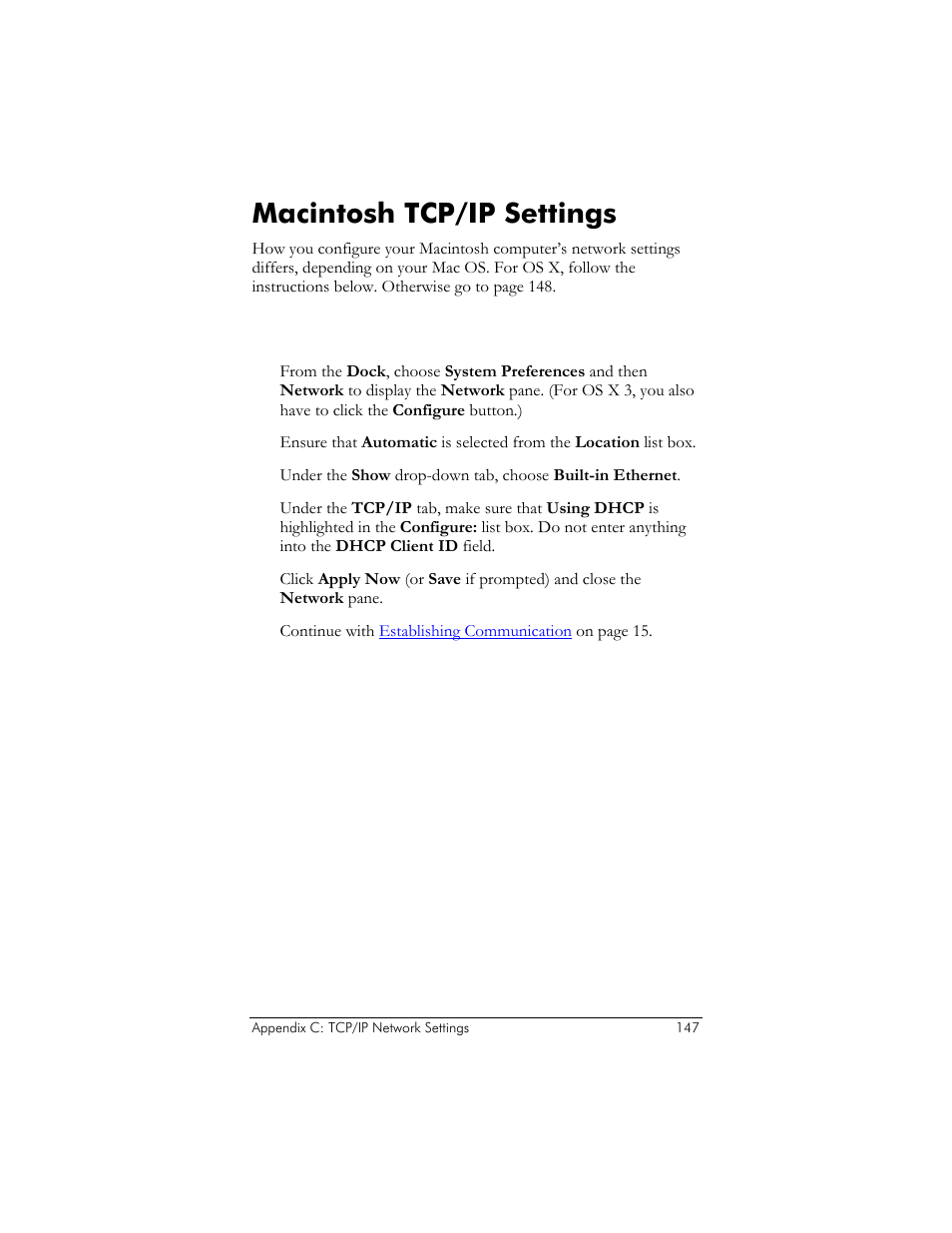 Mac os x, Macintosh tcp/ip settings, E macintosh tcp/ip settings on | 147 or, Ge 147 | Zoom ADSL X6v User Manual | Page 147 / 166