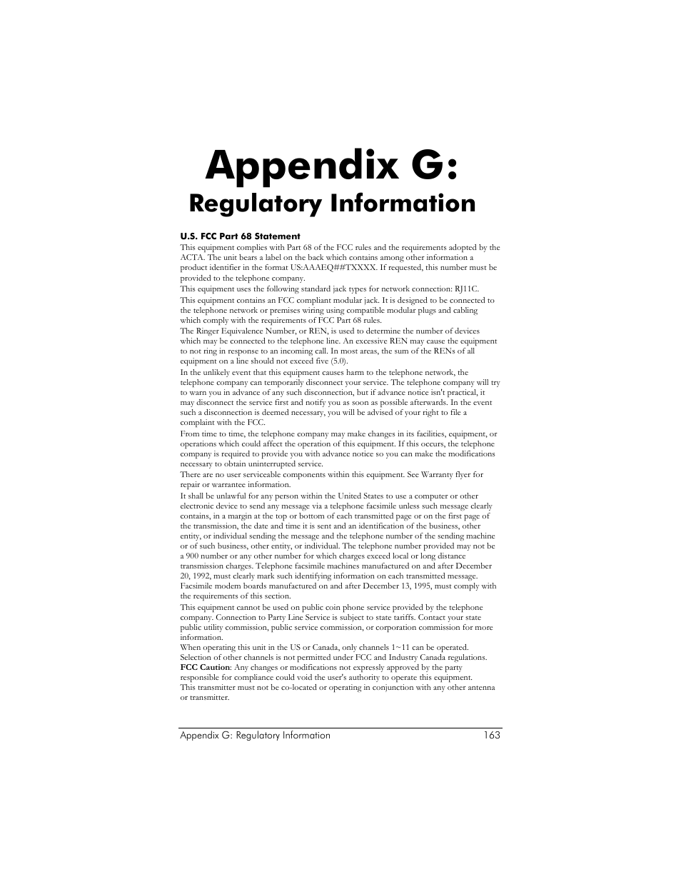 Appendix g: regulatory information, Appendix g, Regulatory information | Zoom ADSL X6v User Manual | Page 163 / 166