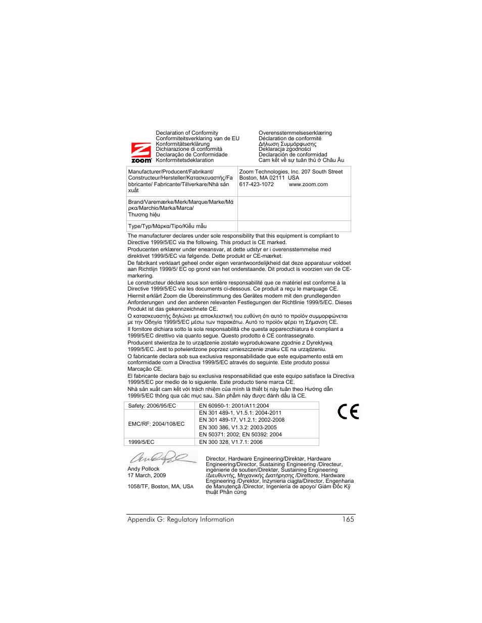 Models 5695, 5697, Declaration of conformity | Zoom ADSL X6v User Manual | Page 165 / 166