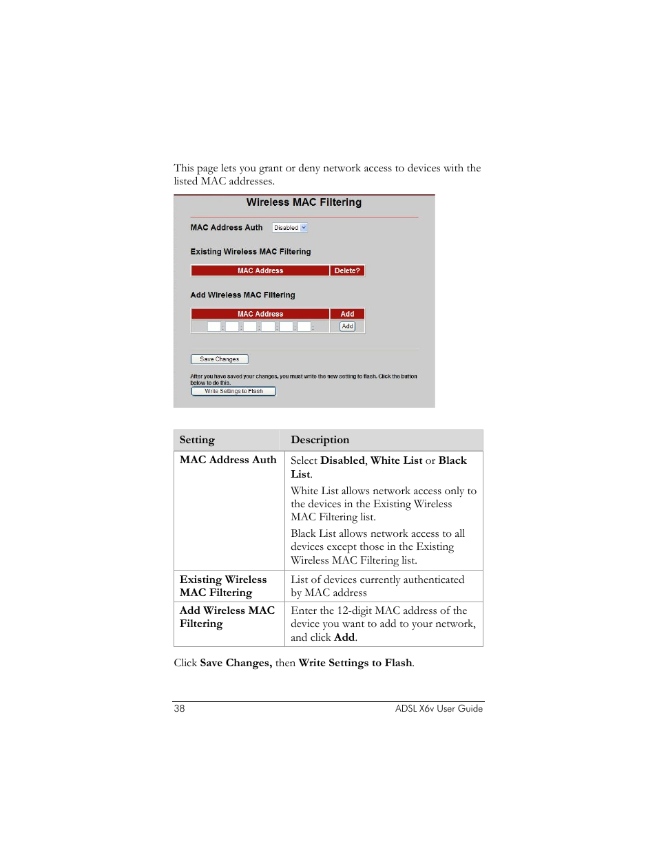 Wireless mac filtering | Zoom ADSL X6v User Manual | Page 38 / 166