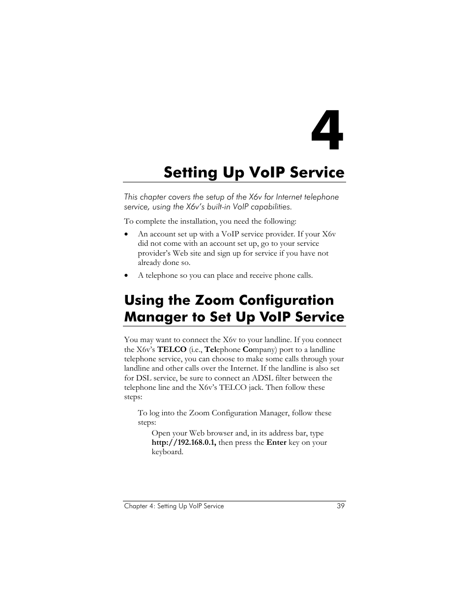 Setting up voip service, Go to, Chapter 4: setting | Up voip service, Chapter 4, setting up voip, Service | Zoom ADSL X6v User Manual | Page 39 / 166