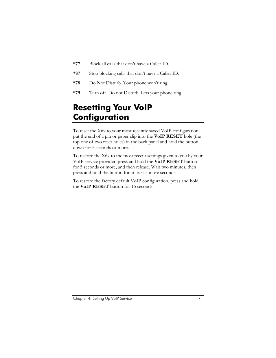 Resetting your voip configuration | Zoom ADSL X6v User Manual | Page 71 / 166