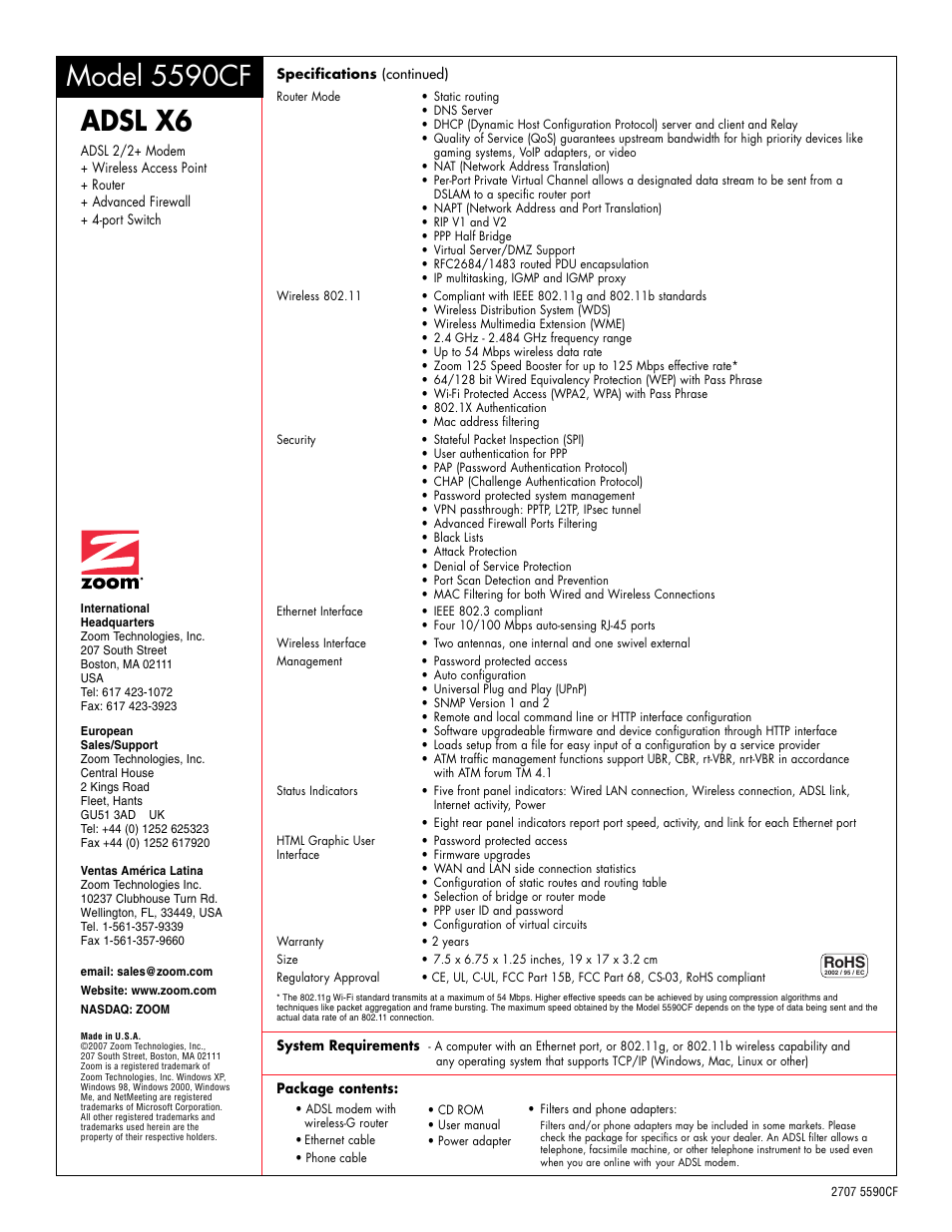 Adsl x6, Model 5590cf | Zoom ADSL X6 5590CF User Manual | Page 2 / 2