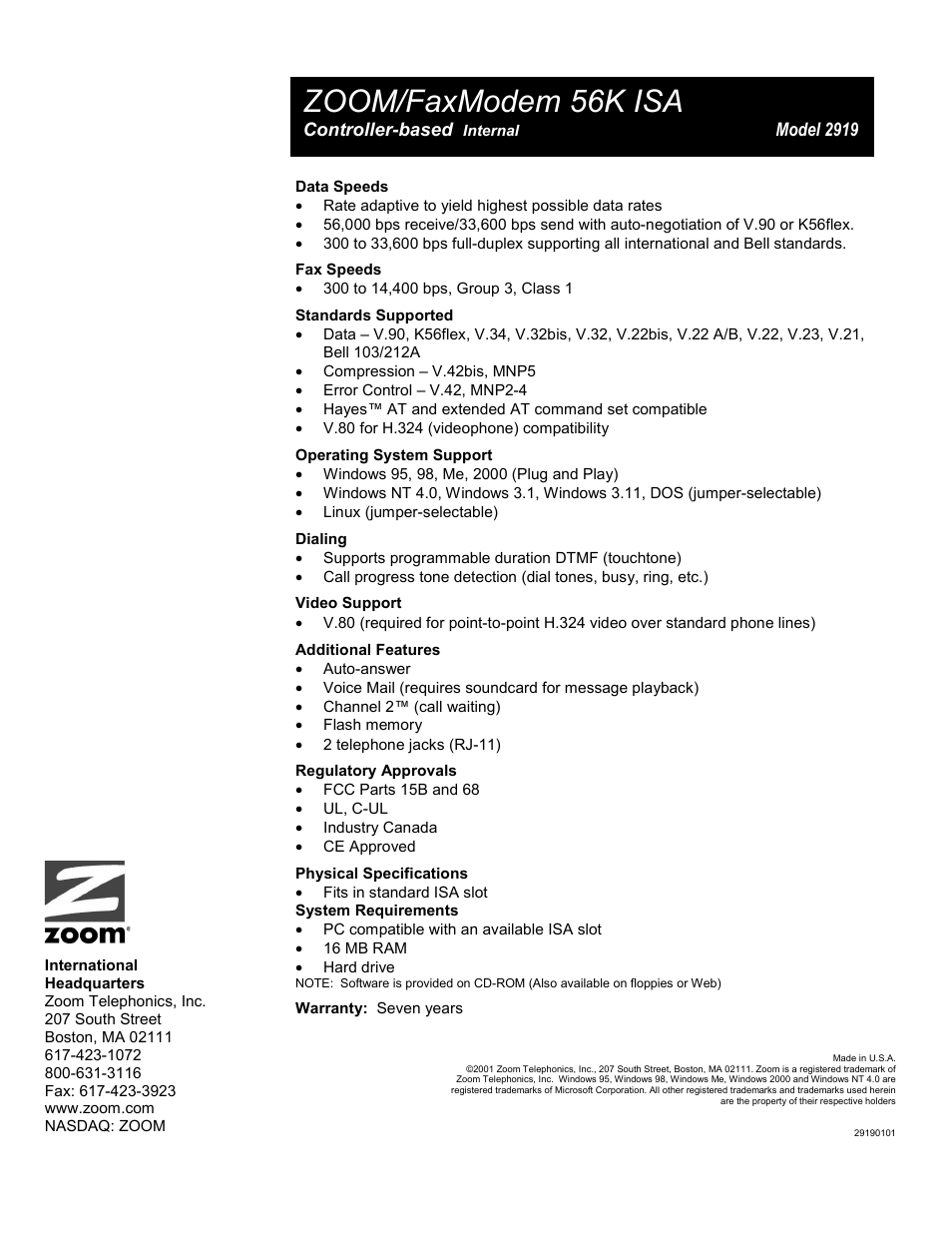 Zoom/faxmodem 56k isa | Zoom 2919 User Manual | Page 2 / 2