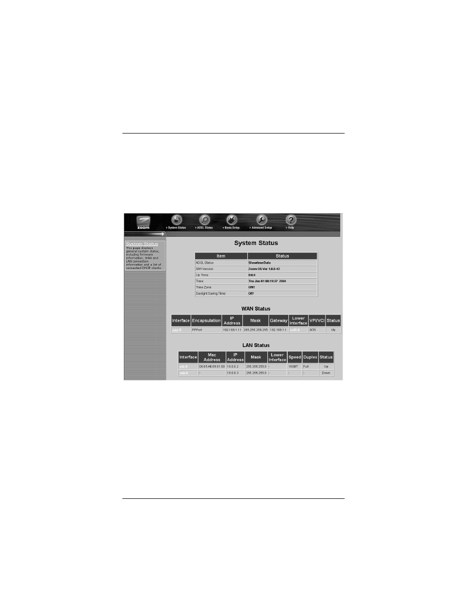 Monitoring system status, Onitoring, Ystem | Tatus | Zoom ADSL X4 User Manual | Page 30 / 62