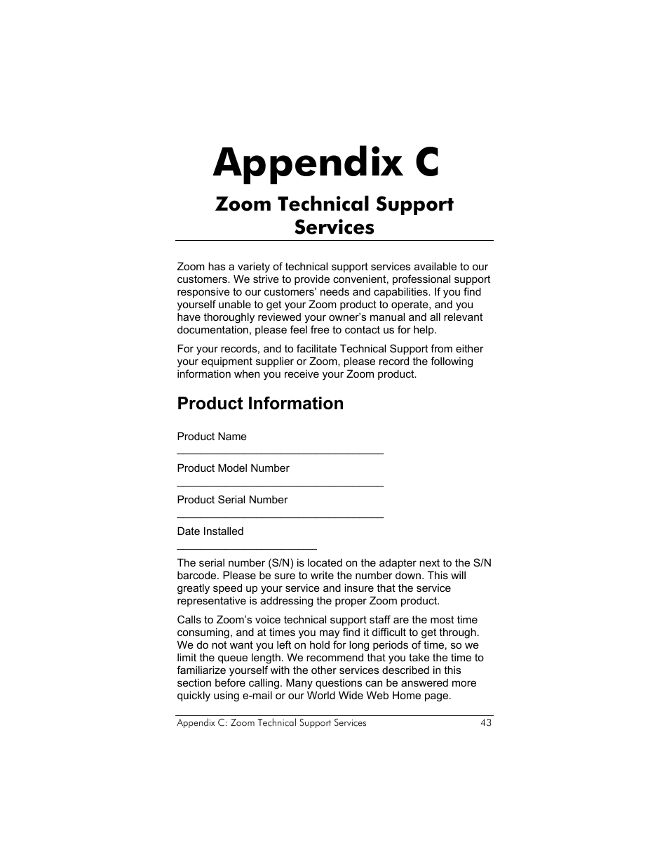 Product information, Appendix c. technical support, Appendix c | Zoom technical support services | Zoom 4410B User Manual | Page 43 / 50