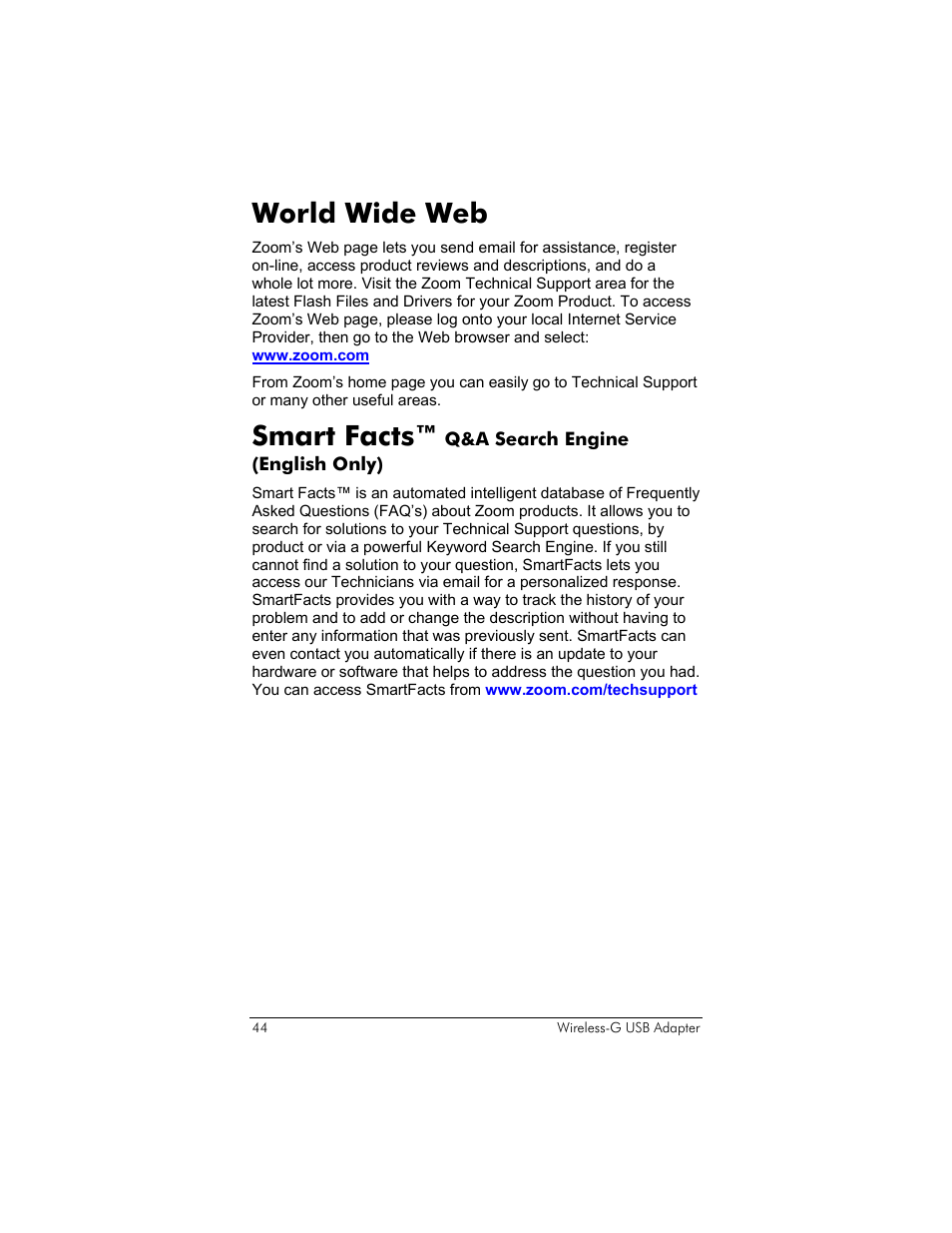 World wide web, Smart facts™ q&a search engine (english only), Smart facts | Zoom 4410B User Manual | Page 44 / 50