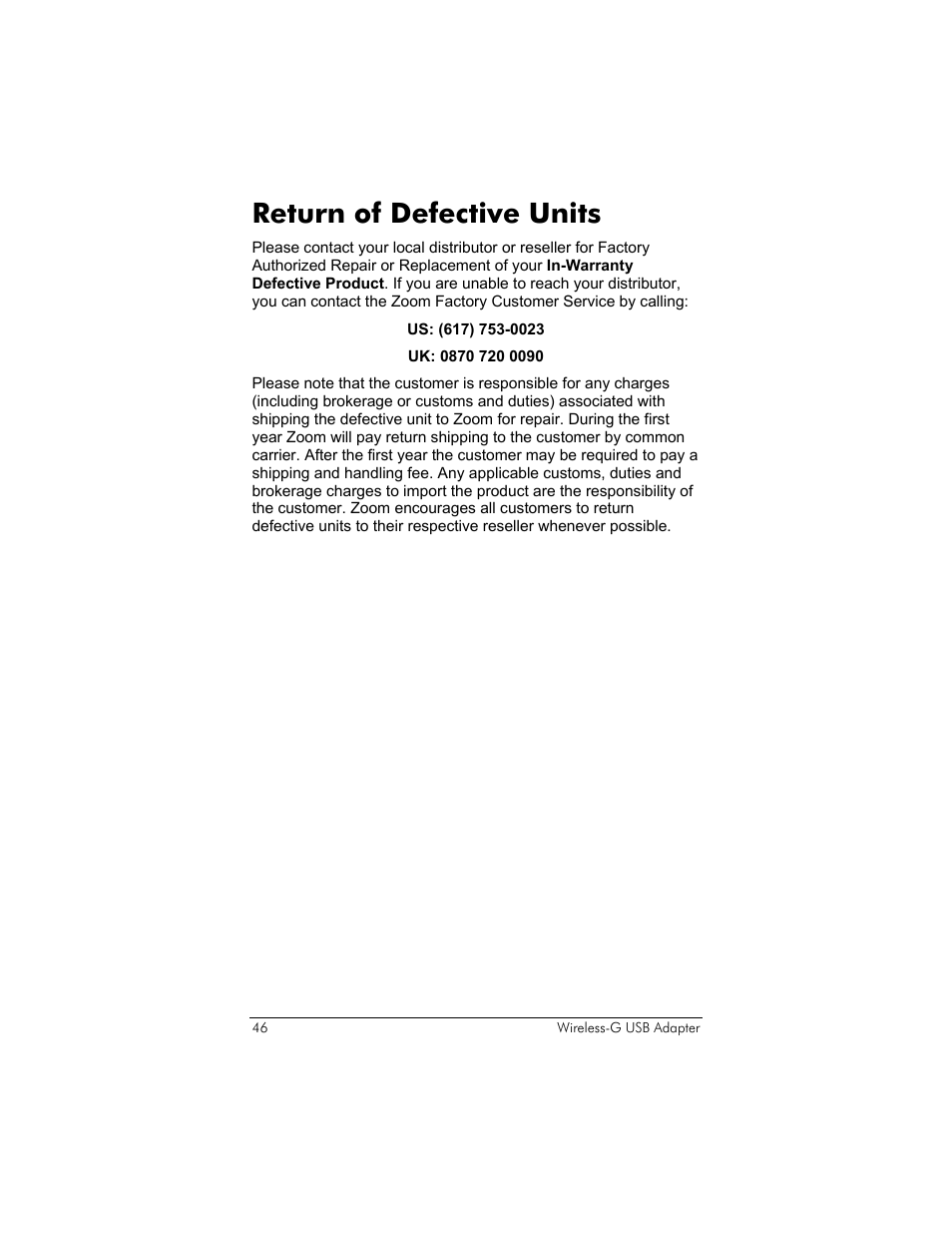 Return of defective units | Zoom 4410B User Manual | Page 46 / 50