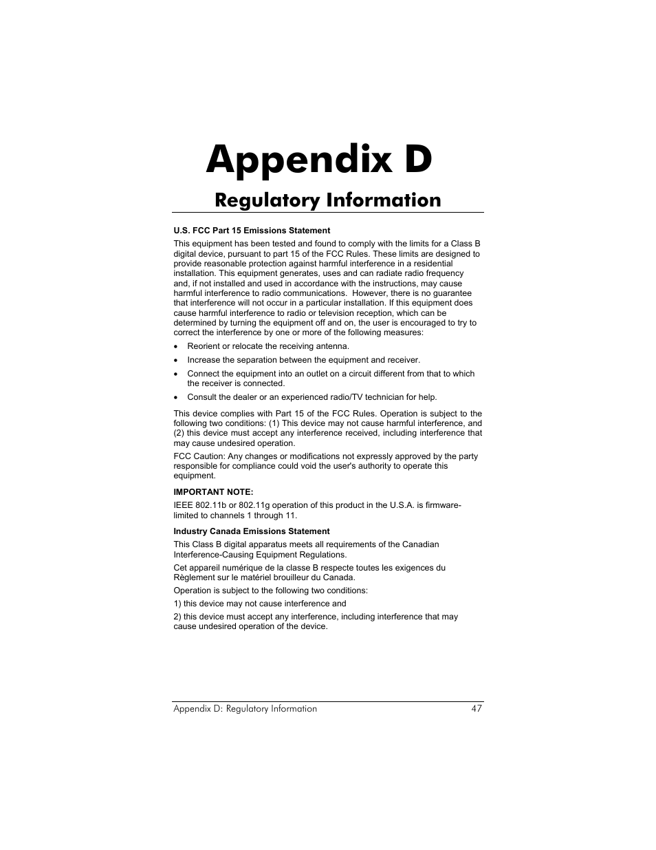 Appendix d. regulatory information, Appendix d, Regulatory information | Zoom 4410B User Manual | Page 47 / 50