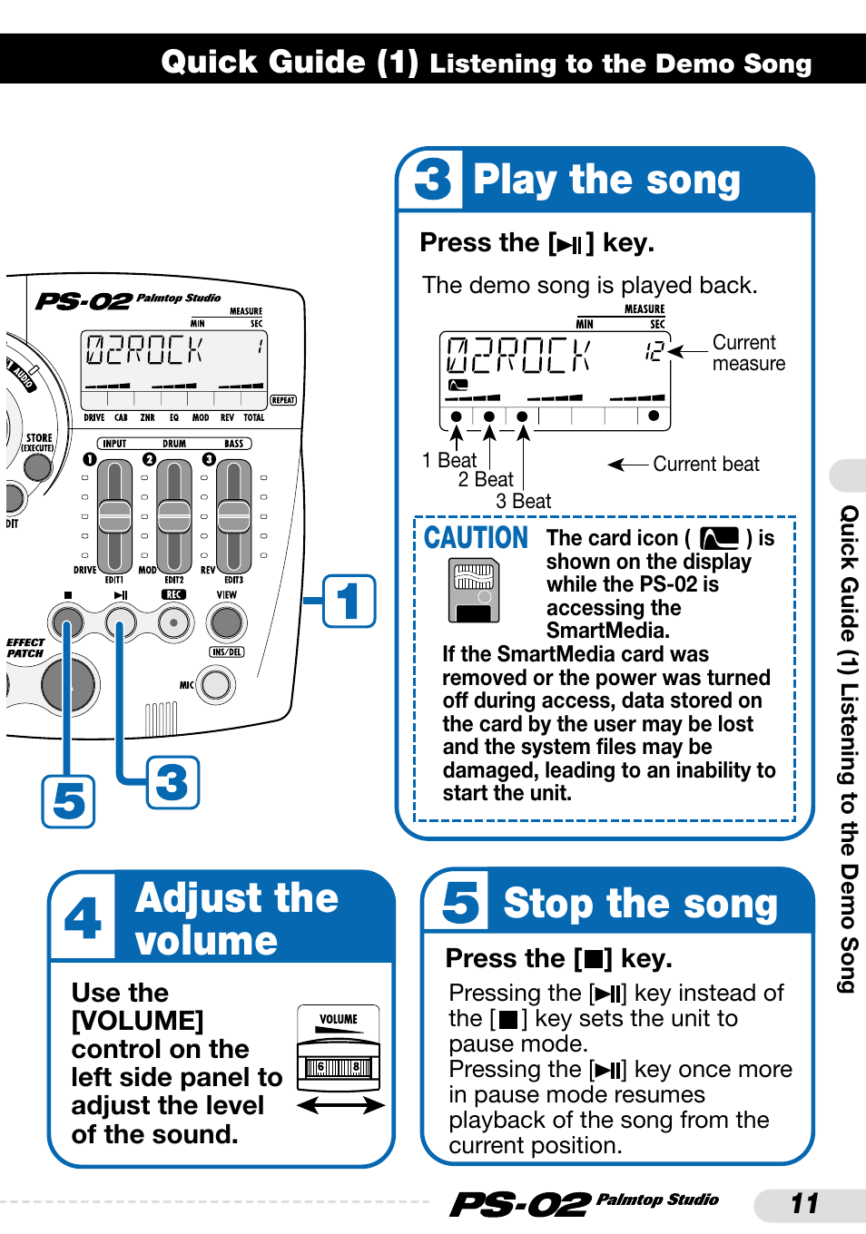 Play the song, Adjust the volume, Stop the song | Quick guide (1), Caution | Zoom PS-02 User Manual | Page 11 / 88