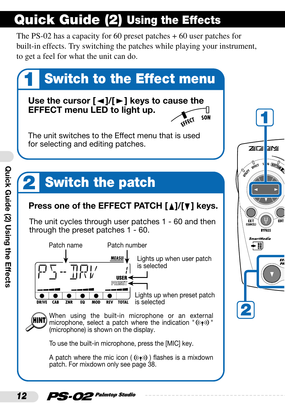 Switch to the effect menu, Switch the patch, Quick guide (2) | Using the effects | Zoom PS-02 User Manual | Page 12 / 88
