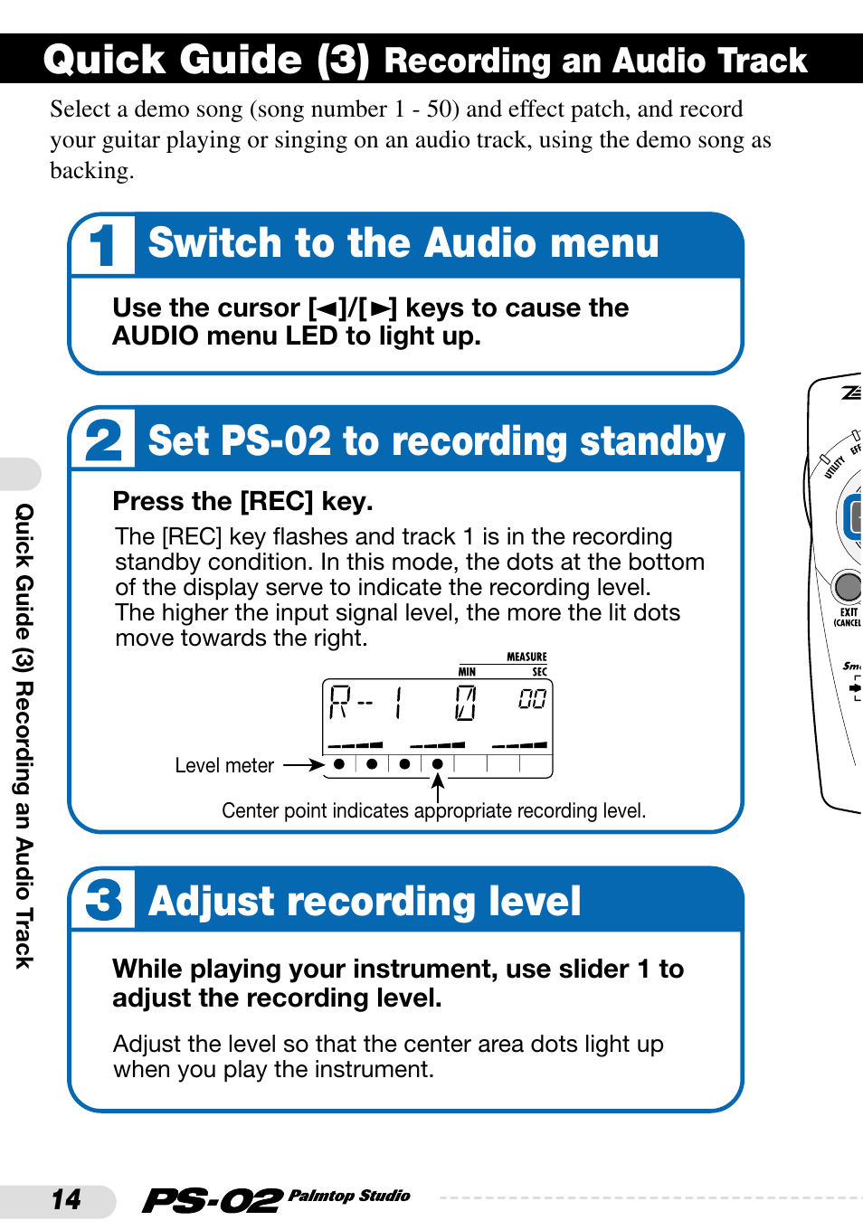 Switch to the audio menu, Quick guide (3), Recording an audio track | Zoom PS-02 User Manual | Page 14 / 88