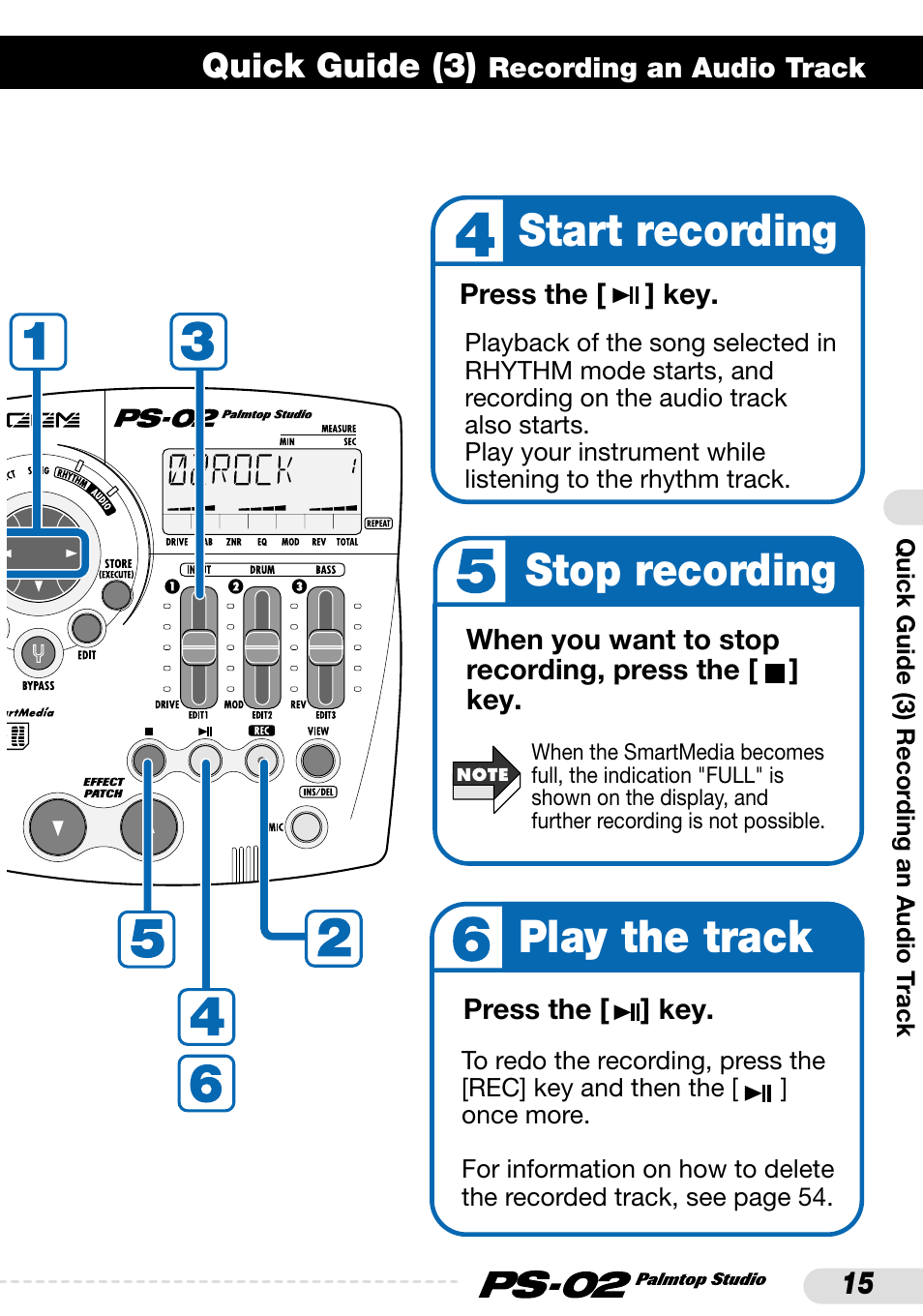 Start recording, Stop recording play the track, Quick guide (3) | Zoom PS-02 User Manual | Page 15 / 88