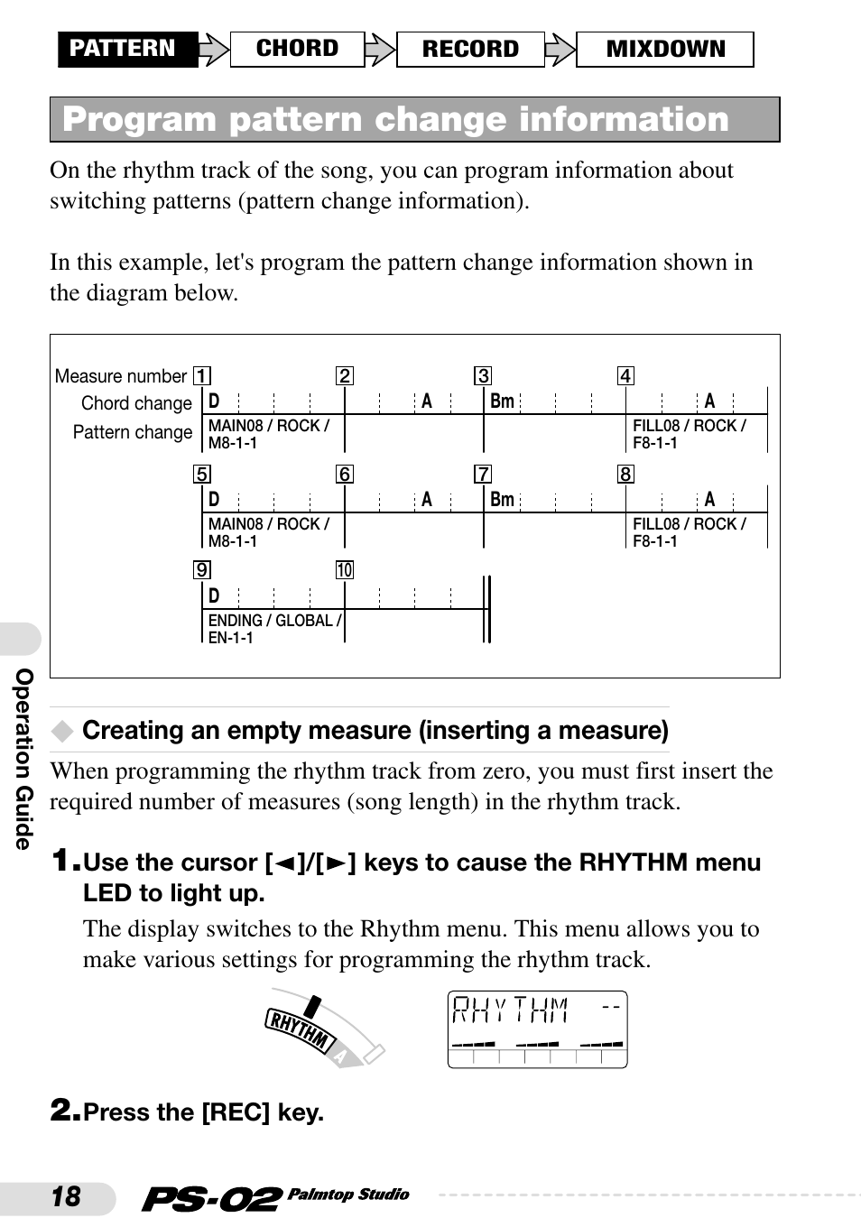 Program pattern change information, Creating an empty measure (inserting a measure) | Zoom PS-02 User Manual | Page 18 / 88