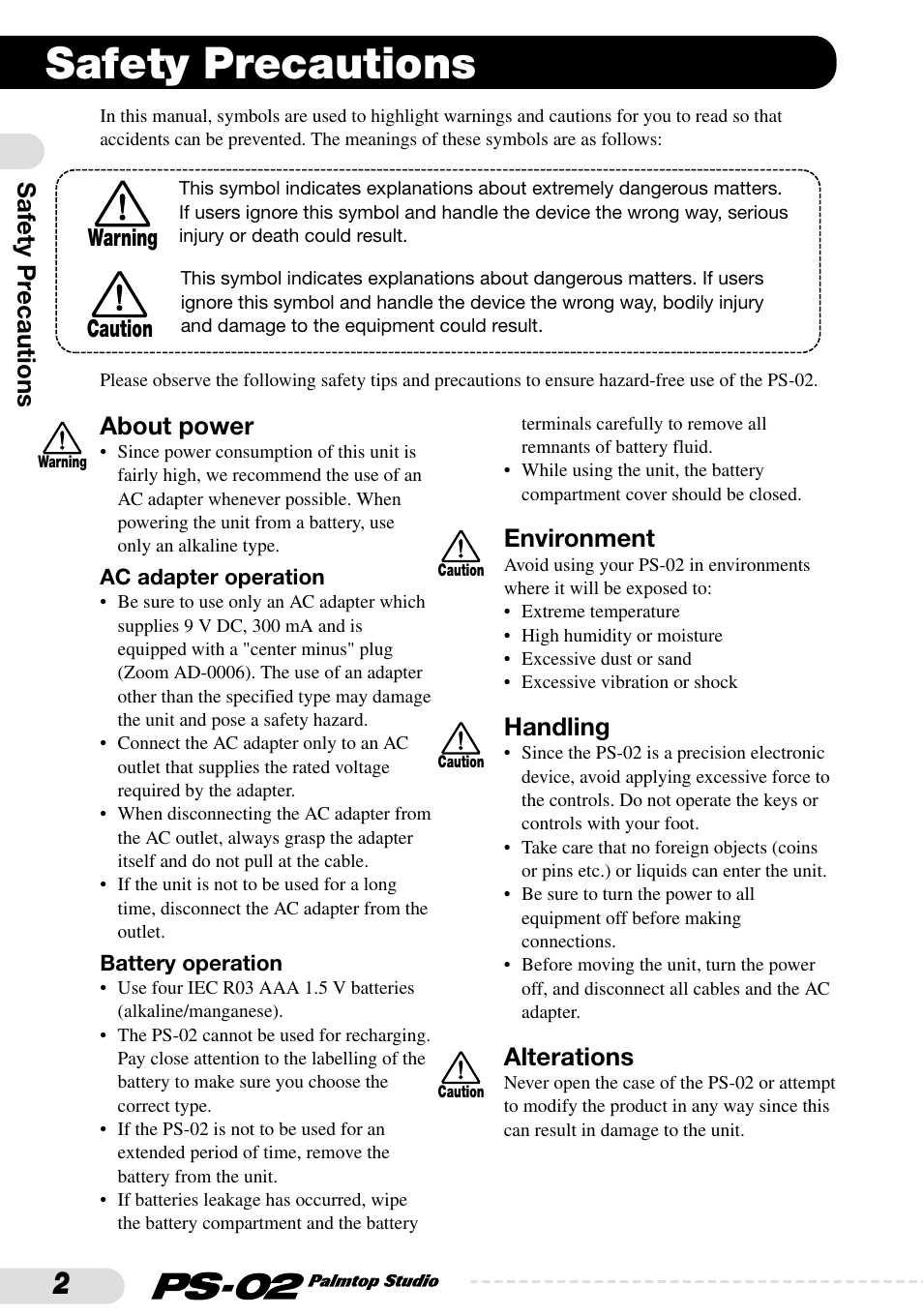 Safety precautions, Safety pr ecautions about power, Environment | Handling, Alterations | Zoom PS-02 User Manual | Page 2 / 88