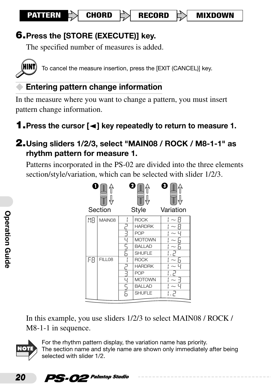 Entering pattern change information | Zoom PS-02 User Manual | Page 20 / 88