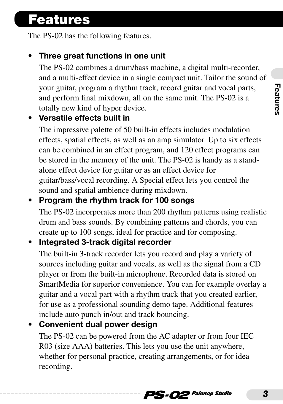 Features | Zoom PS-02 User Manual | Page 3 / 88