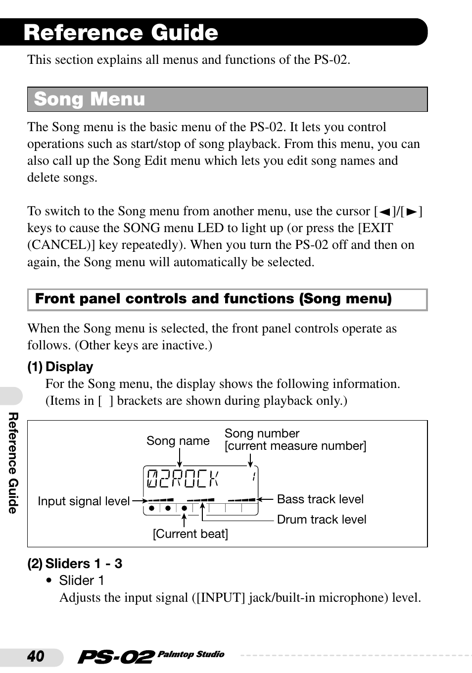 Reference guide, Song menu | Zoom PS-02 User Manual | Page 40 / 88