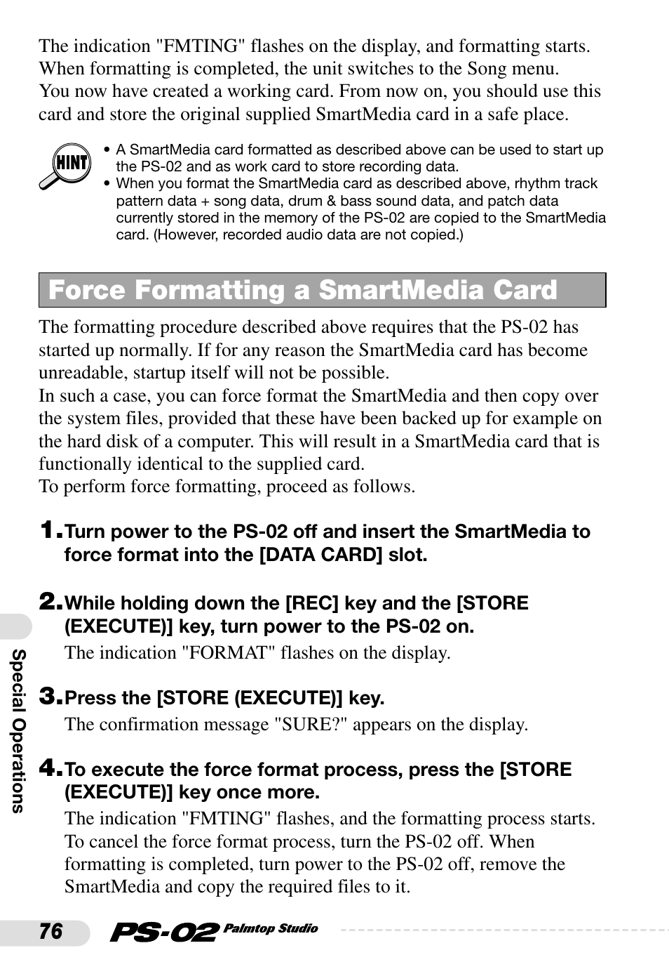 Force formatting a smartmedia card | Zoom PS-02 User Manual | Page 76 / 88