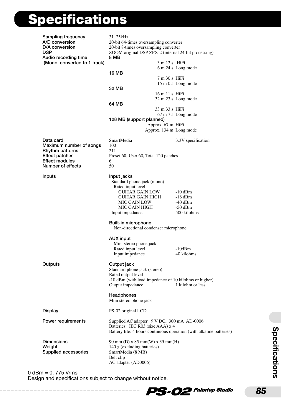 Specifications | Zoom PS-02 User Manual | Page 85 / 88