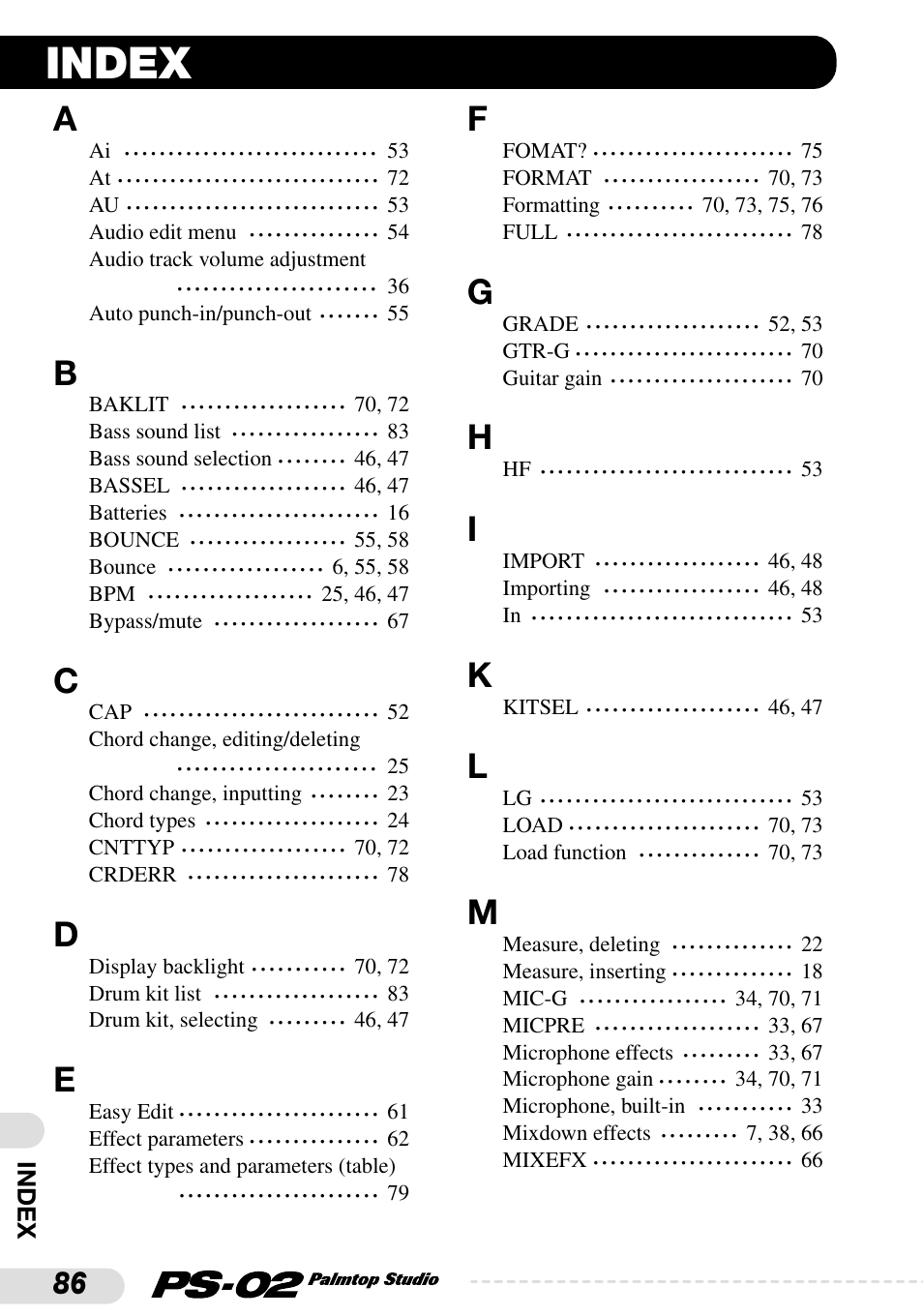 Index | Zoom PS-02 User Manual | Page 86 / 88