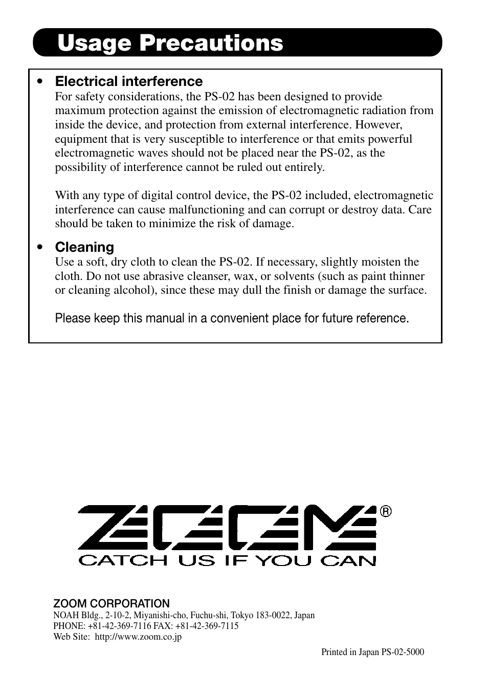 Usage precautions | Zoom PS-02 User Manual | Page 88 / 88