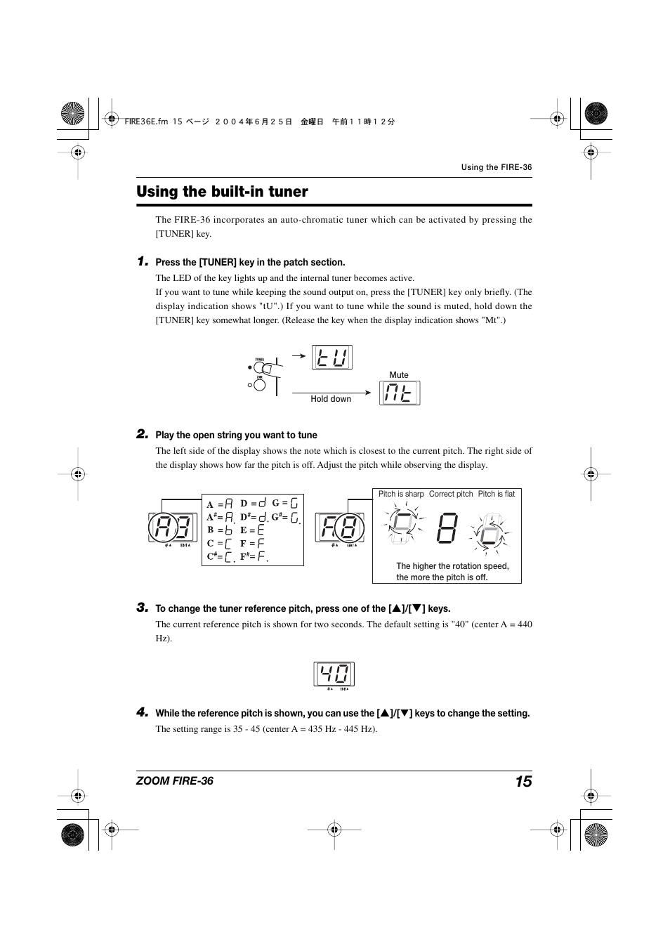 Tm t, Using the built-in tuner | Zoom FIRE-36 User Manual | Page 15 / 26
