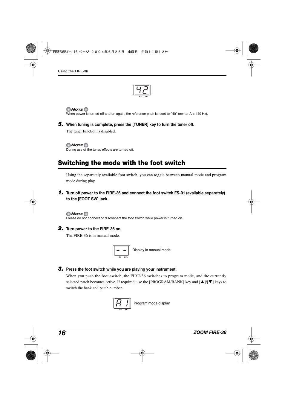 Switching the mode with the foot switch | Zoom FIRE-36 User Manual | Page 16 / 26