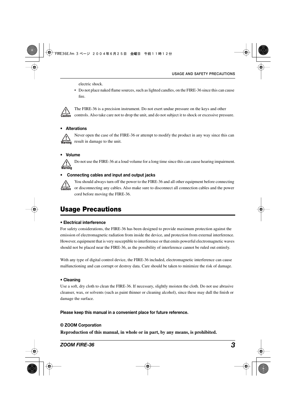 Usage precautions | Zoom FIRE-36 User Manual | Page 3 / 26