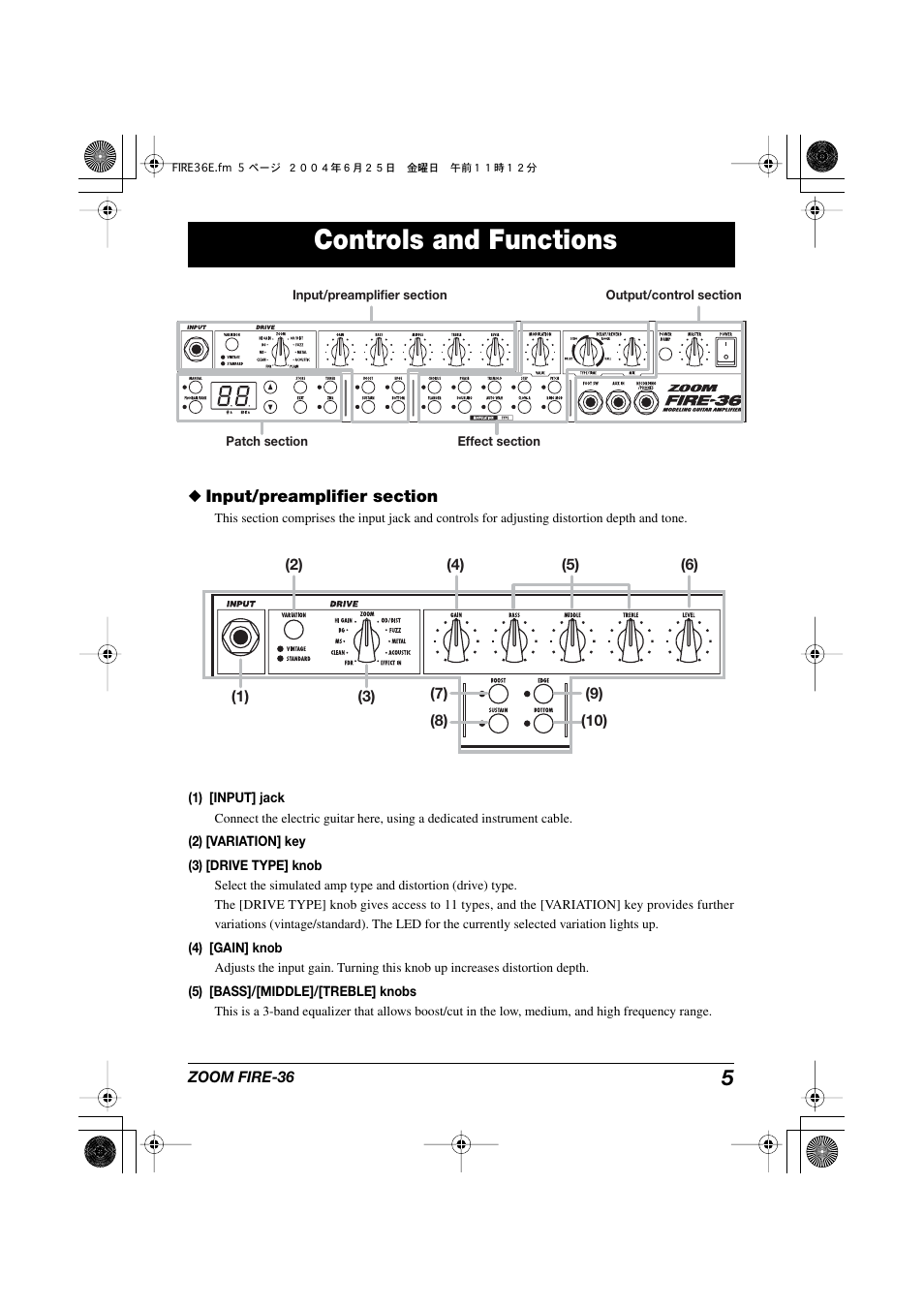 Controls and functions | Zoom FIRE-36 User Manual | Page 5 / 26