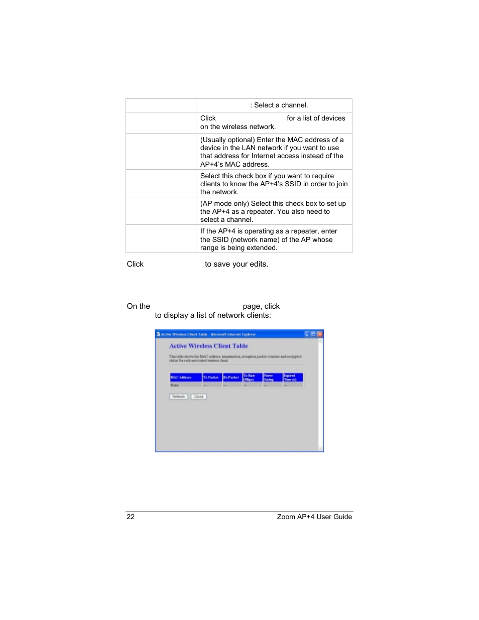 Active wireless client table | Zoom 4420-A User Manual | Page 22 / 81