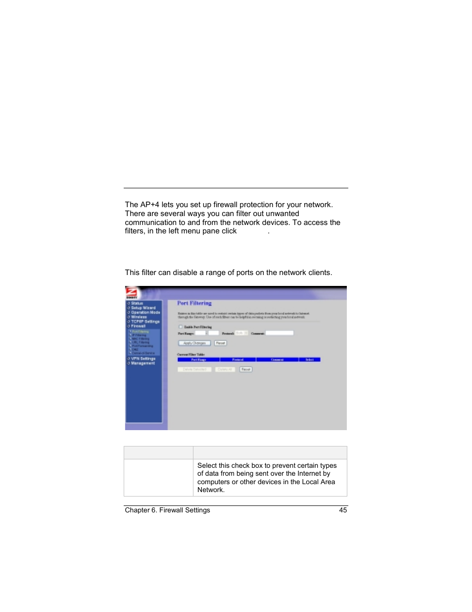 Port filtering, Firewall settings | Zoom 4420-A User Manual | Page 45 / 81