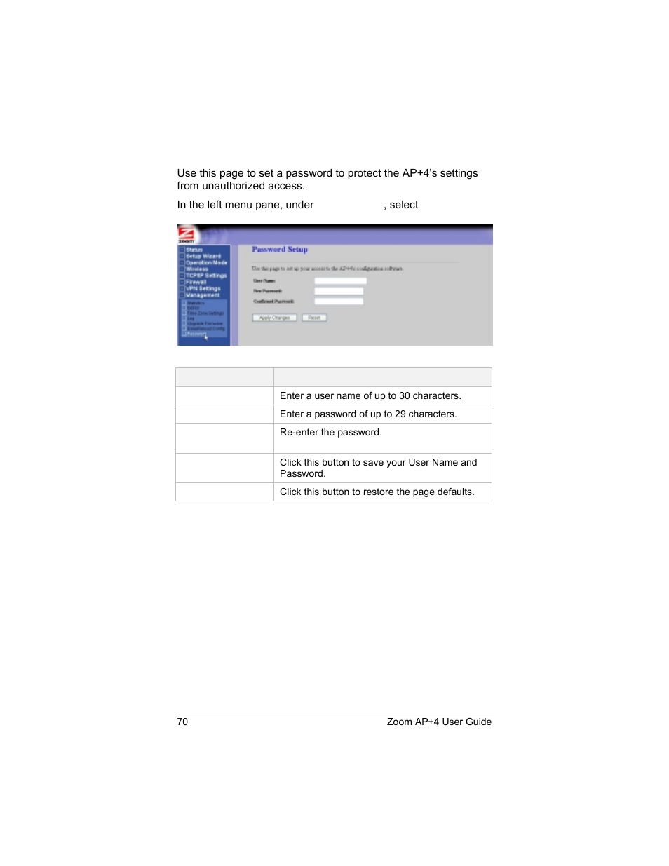 Password setup | Zoom 4420-A User Manual | Page 70 / 81