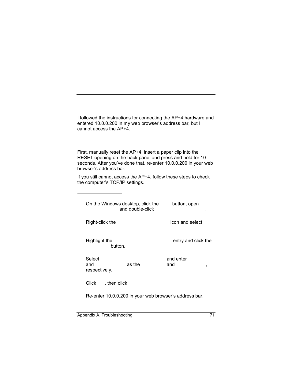 Appendix a. troubleshooting, Appendix a, Troubleshooting | Zoom 4420-A User Manual | Page 71 / 81