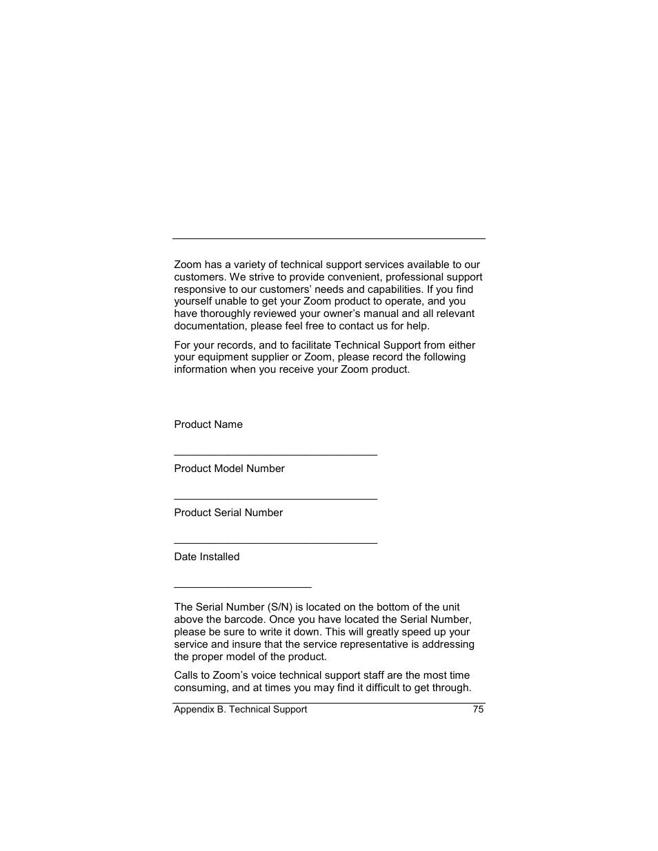 Product information, Appendix b. zoom technical support services, Appendix b | Zoom technical support services | Zoom 4420-A User Manual | Page 75 / 81