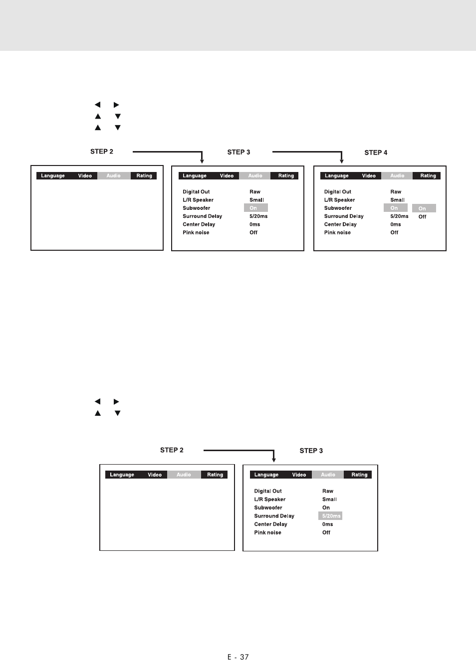 Customizing the function settings, Subwoofer, Surround delay | Zoom DVD Home Theatre System User Manual | Page 38 / 44