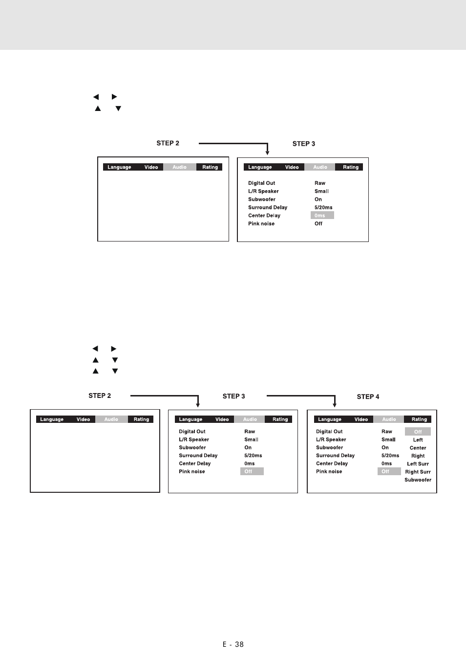 Customizing the function settings, Pink noise, Center delay | Zoom DVD Home Theatre System User Manual | Page 39 / 44