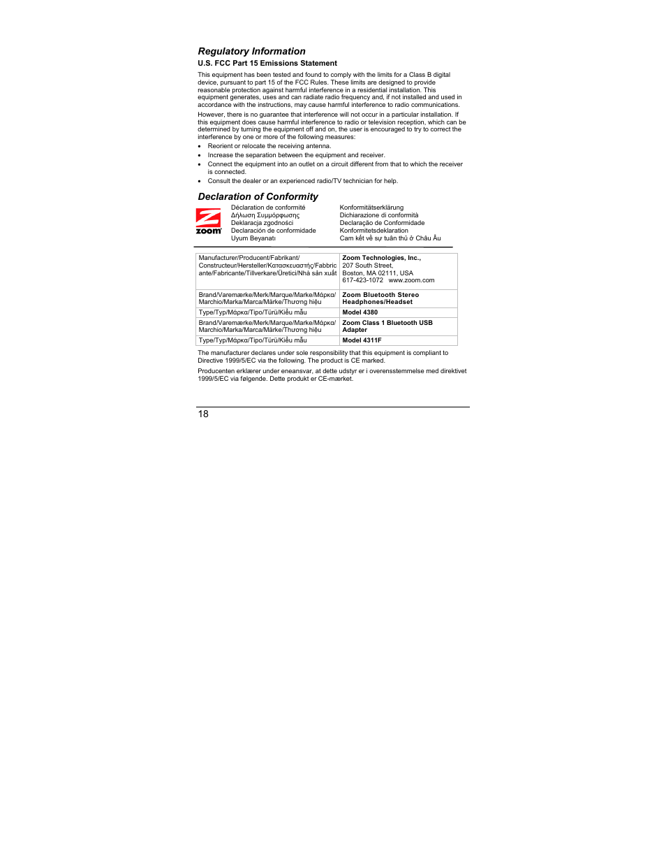 Regulatory information, Declaration of conformity | Zoom 4386/TF User Manual | Page 18 / 36
