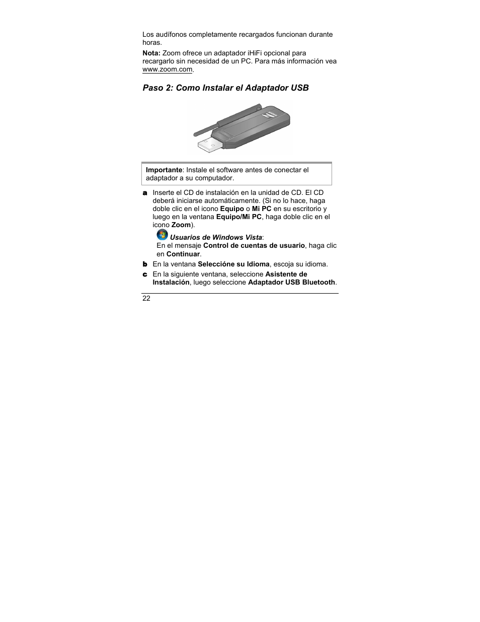 Paso 2: como instalar el adaptador usb, Ina 22) | Zoom 4386/TF User Manual | Page 22 / 36