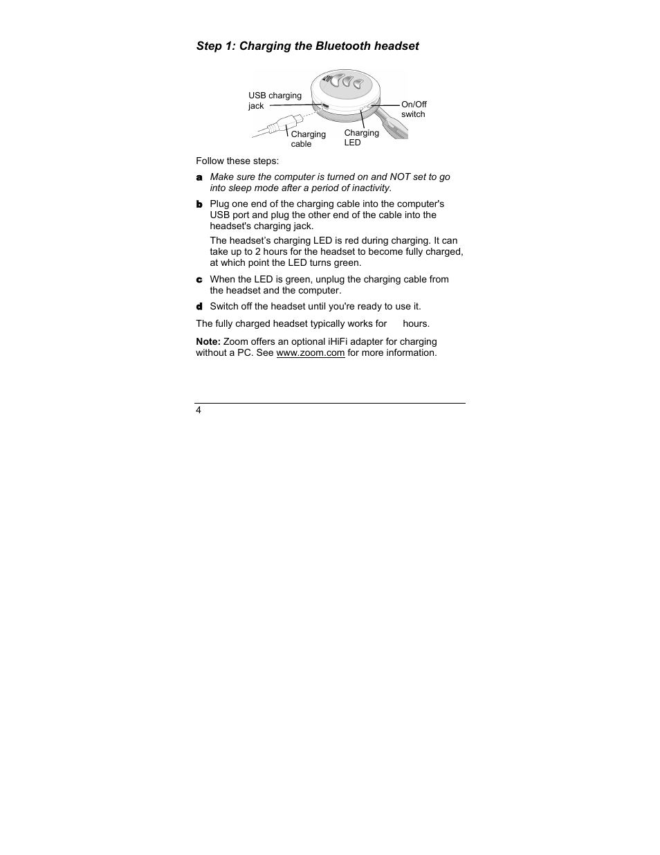 Step 1: charging the bluetooth headset, Ge 4 | Zoom 4386/TF User Manual | Page 4 / 36