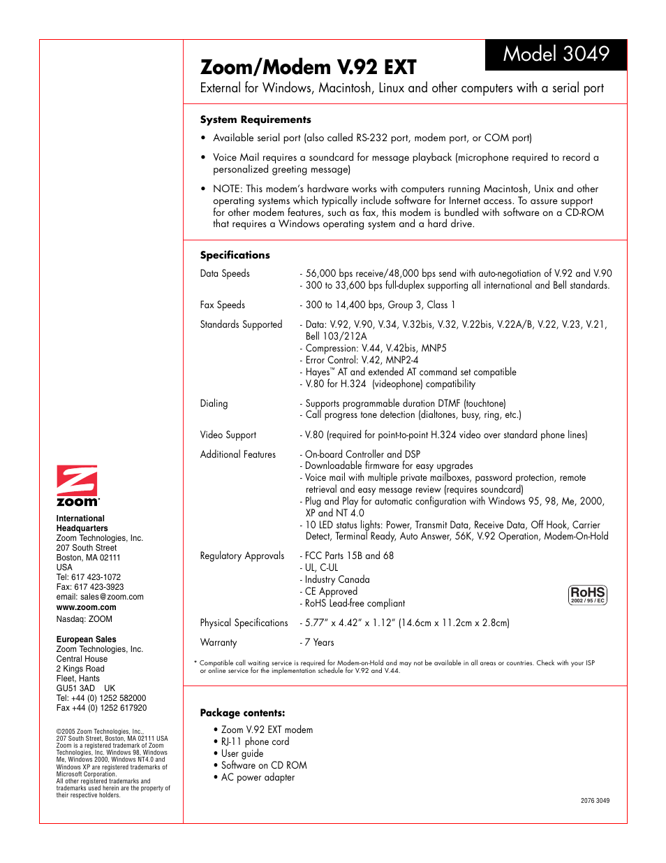 Zoom/modem v.92 ext, Model 3049, Rohs | Zoom 3049CF User Manual | Page 2 / 2
