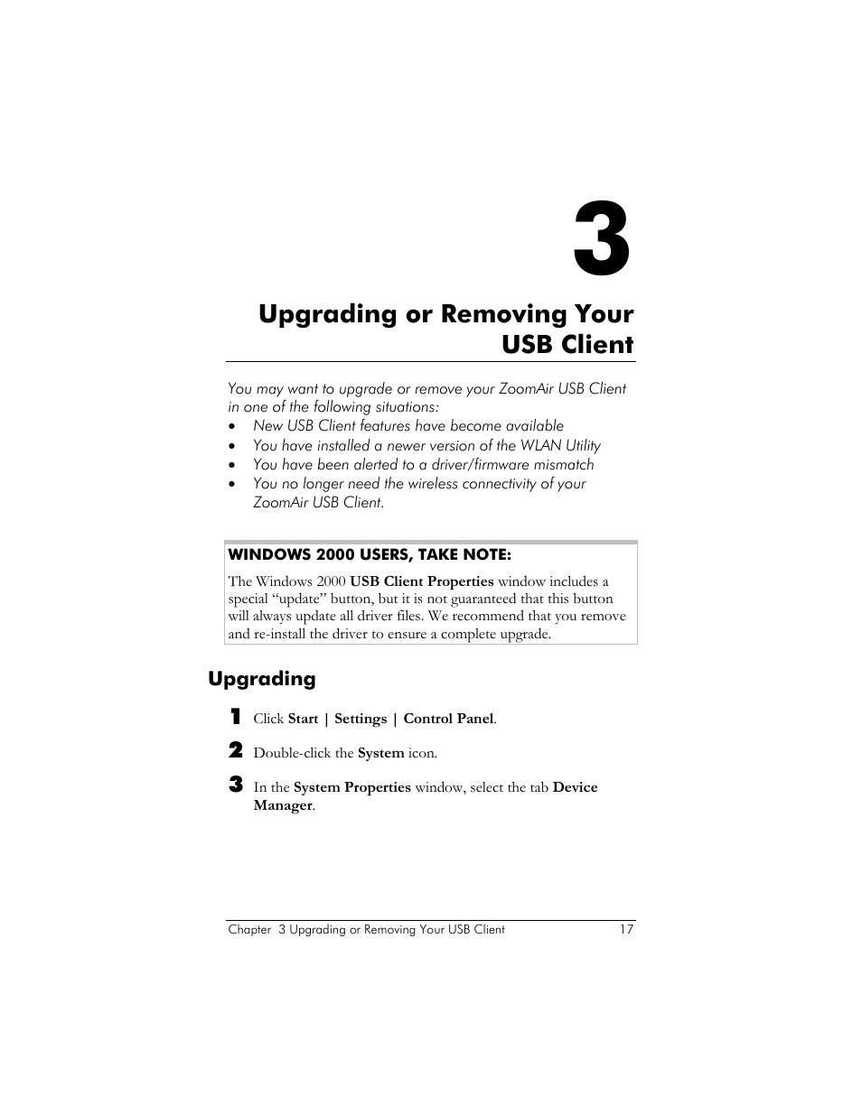 Upgrading, Pgrading or, Emoving | Usb c, Lient, Pgrading, Upgrading or removing your usb client | Zoom ZoomAir USB Client User Manual | Page 17 / 40