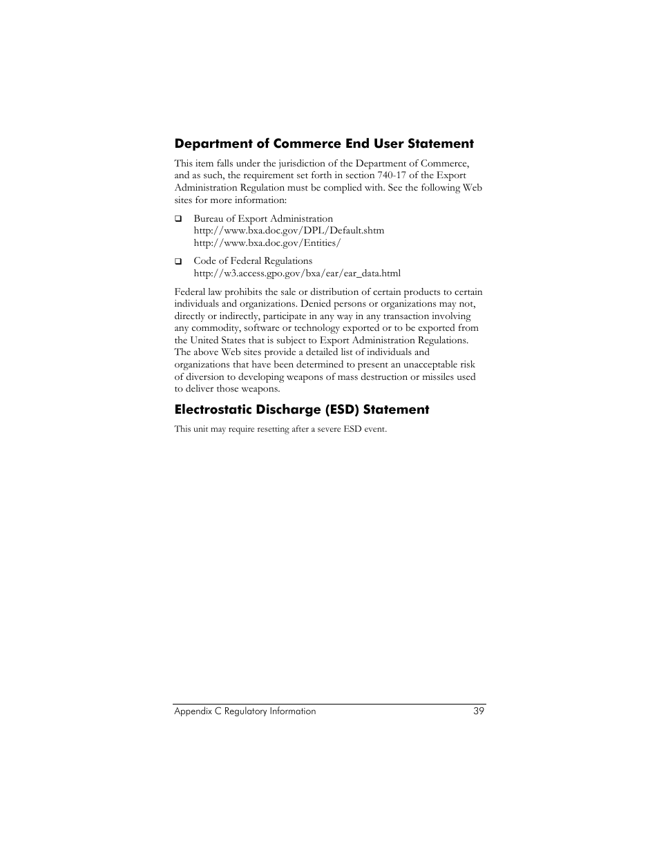 Department of commerce end user statement, Electrostatic discharge (esd) statement | Zoom ZoomAir USB Client User Manual | Page 39 / 40