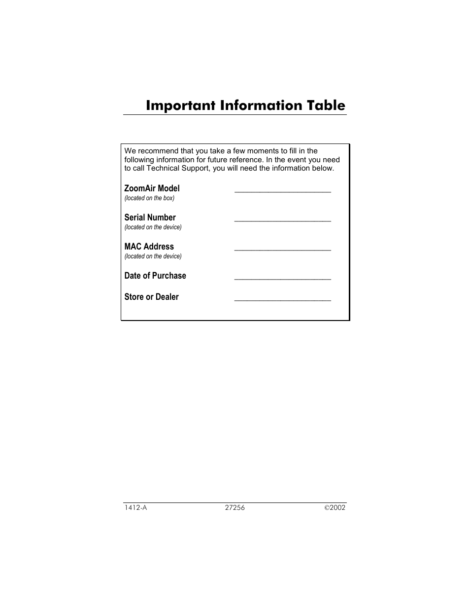 Mportant, Nformation, Able | Important information table | Zoom ZoomAir USB Client User Manual | Page 40 / 40