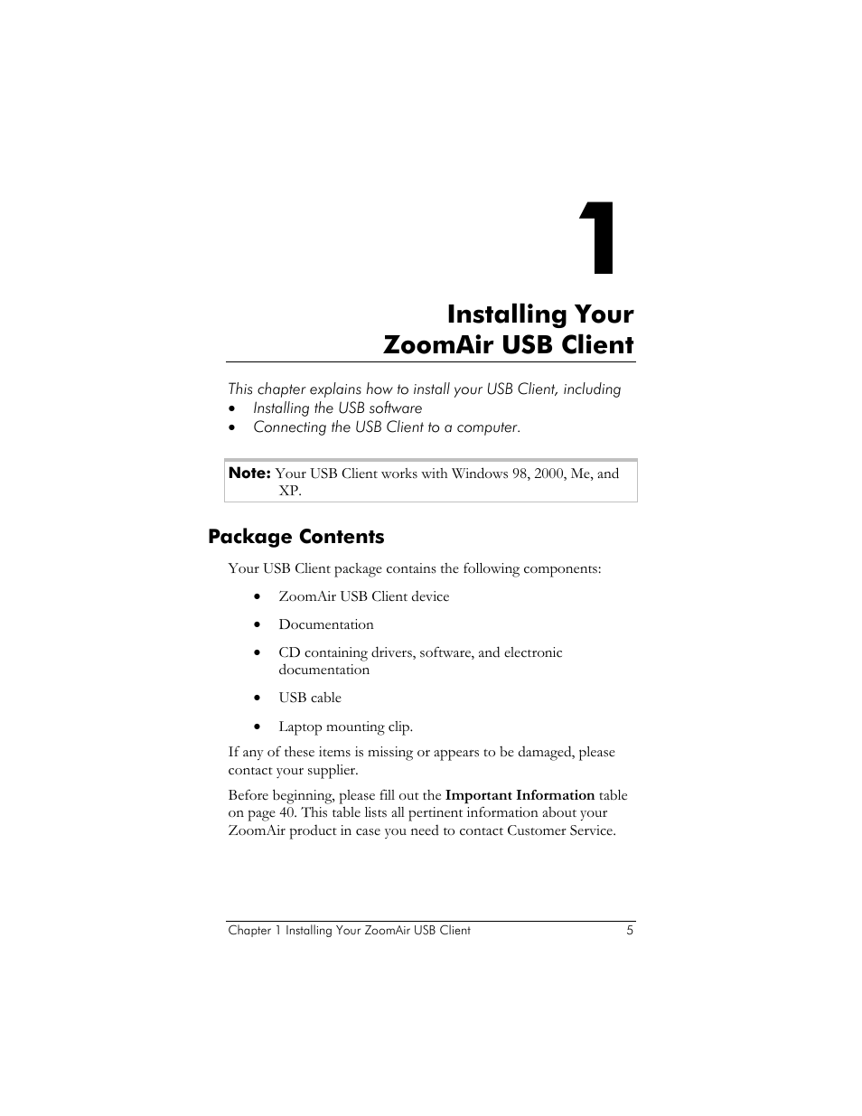 Package contents, Nstalling, Usb c | Lient, Ackage, Ontents, Installing your zoomair usb client | Zoom ZoomAir USB Client User Manual | Page 5 / 40