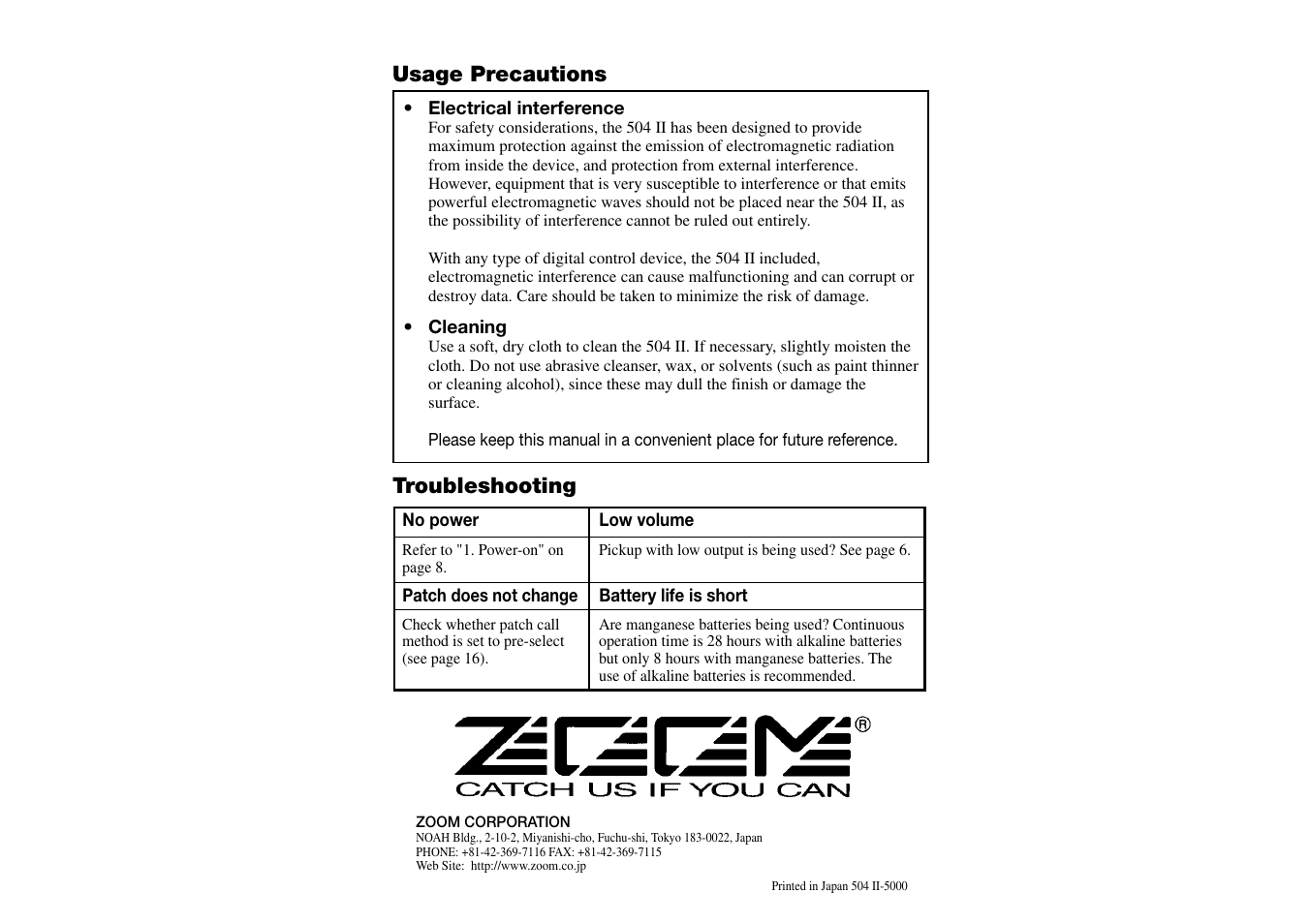 Troubleshooting, Usage precautions | Zoom ACOUSTIC 504 II User Manual | Page 17 / 17