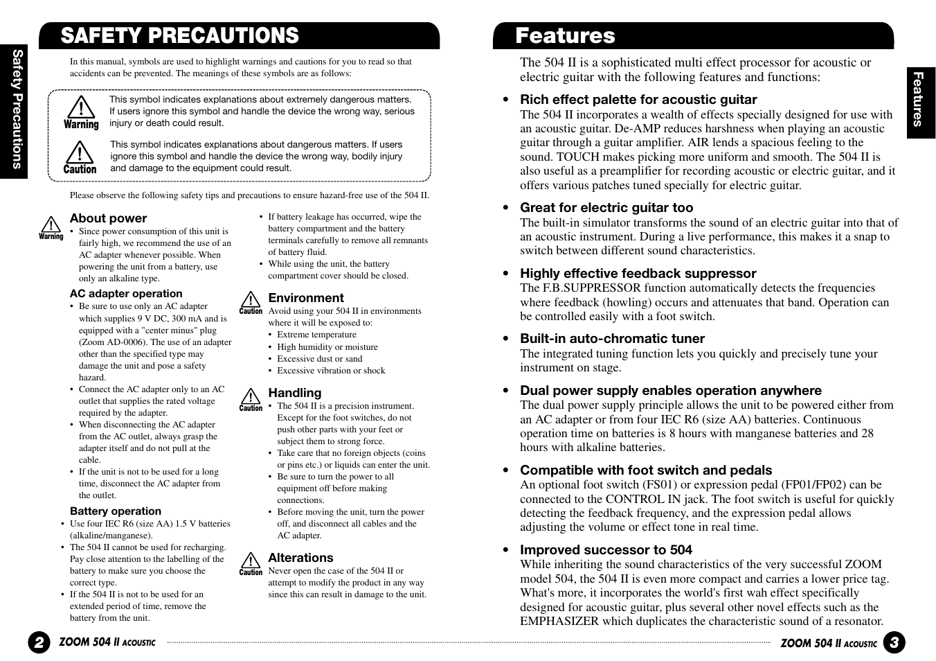 Safety precautions features | Zoom ACOUSTIC 504 II User Manual | Page 2 / 17